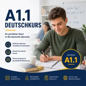 Ein junger Mann lernt hochmotiviert für seinen A1.1 Deutschkurs und macht sich Notizen. Links stehen Grundpfeiler wie "Einfache Sprache verstehen" neben einem blau-gelben Niveausiegel.